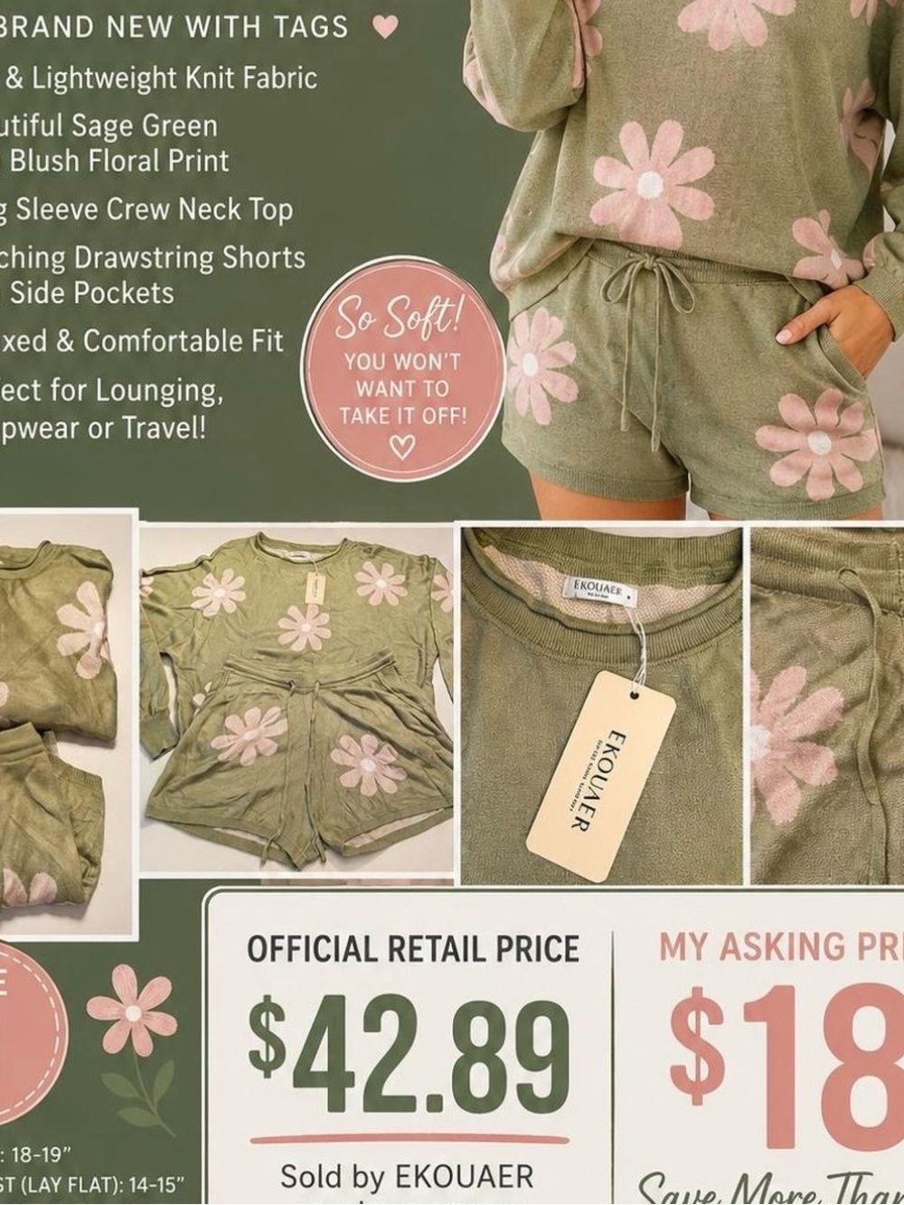 Ekouaer Sage Green Floral Knit Pajama Set - Short Sleeve Top & Drawstring Shorts